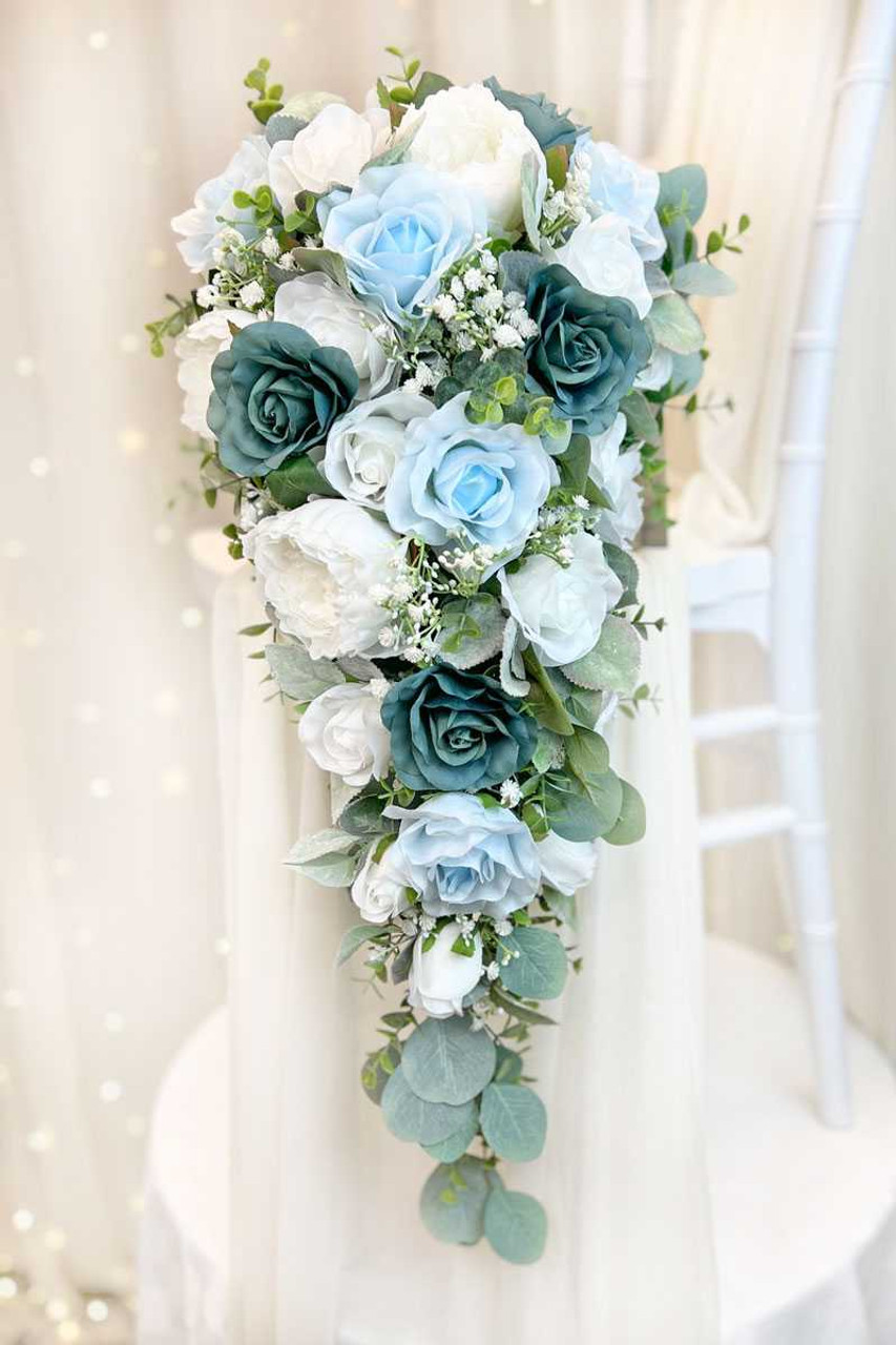 Teal Light Blue White Cascading Bridal Bouquet